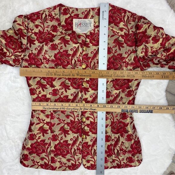 Vintage BASSET Floral Brocade Hip Jacket Button Front Gold Red 38 Petite Small - Picture 11 of 12
